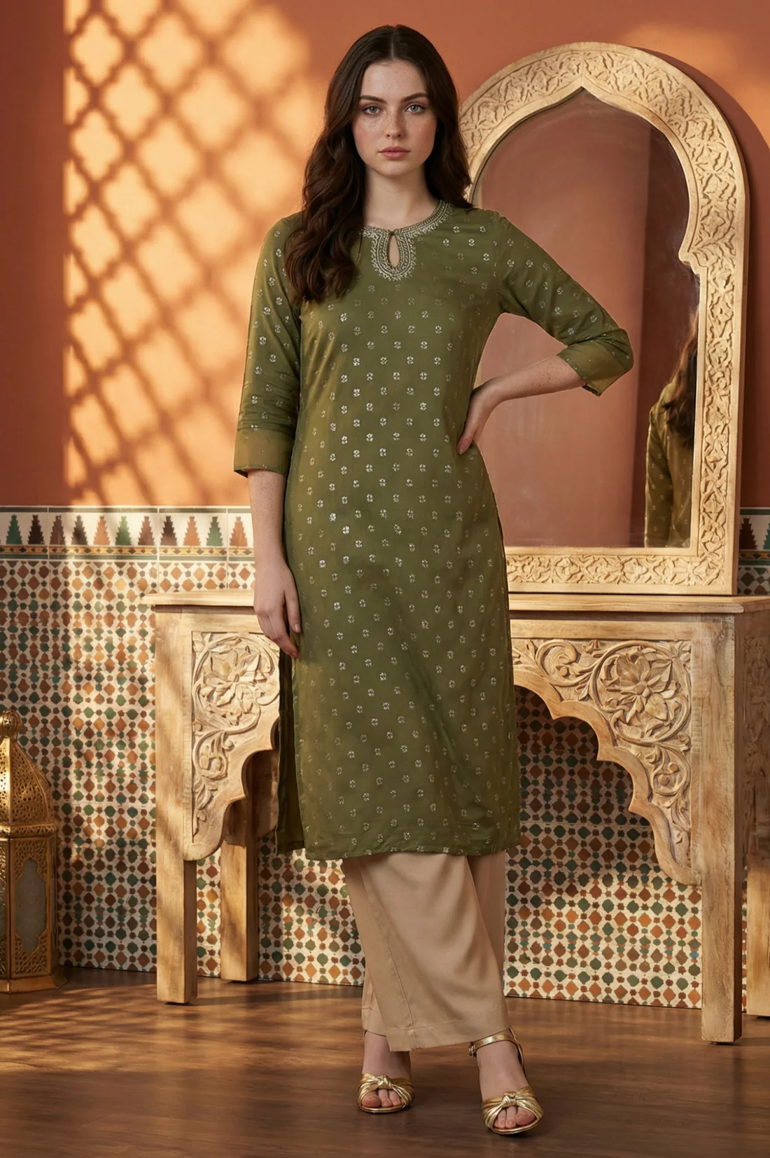 Green Glitter Printed Rayon Straight Kurta